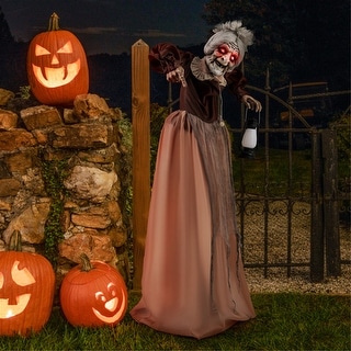 Brown Animated Halloween Decoration Talking Old Lady with LED Red Eyes