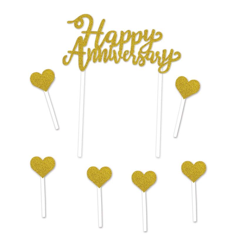 Set of 12 Gold Happy Anniversary Cake Topper 8"