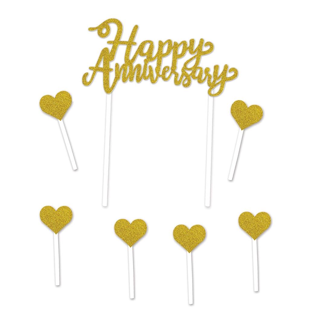 Set of 12 Gold Happy Anniversary Cake Topper 8"