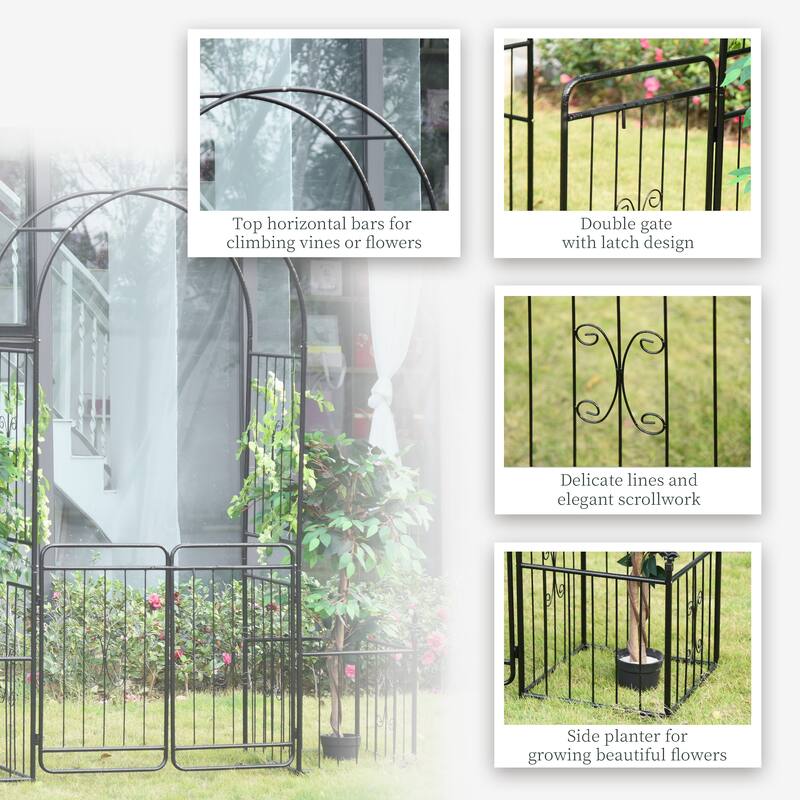 Outsunny 7.2' Metal Garden Arbor Arch Gate with 2 Side Planter Boxes, Climbing Vine Frame, & Double Door Design