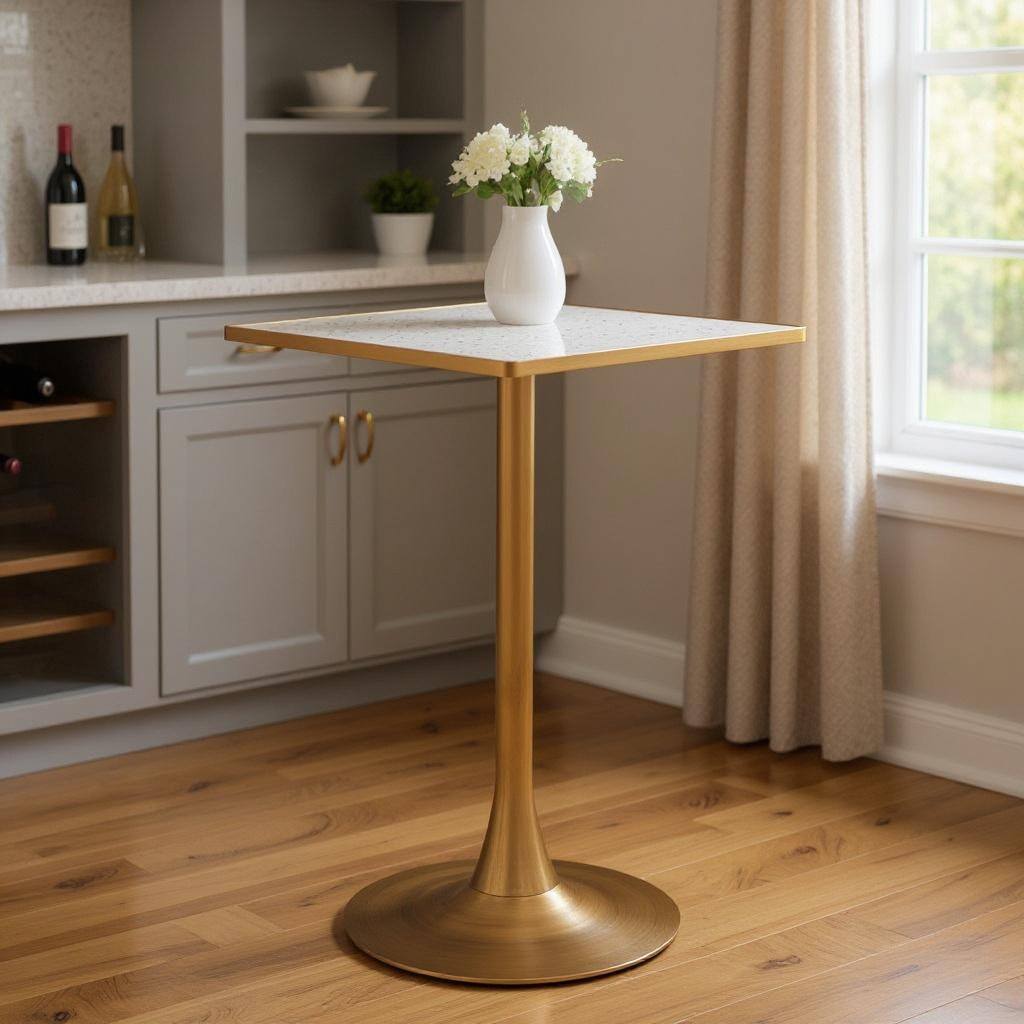 HomeRoots 24" Beige and Gold Faux Terrazzo and Steel Square Bar Table - 24.00 in. x 41.70 in. x 24.00 in.