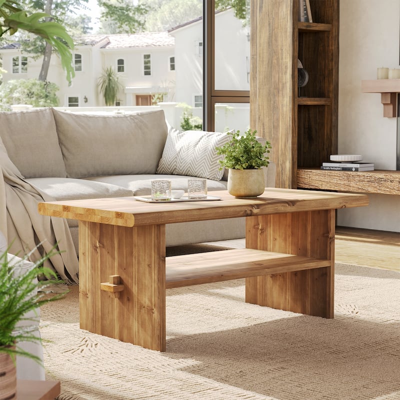 47-Inch Solid Wood Coffee Table for Living Room, 2-Tier Rectangular Center Table - Wood - Brown