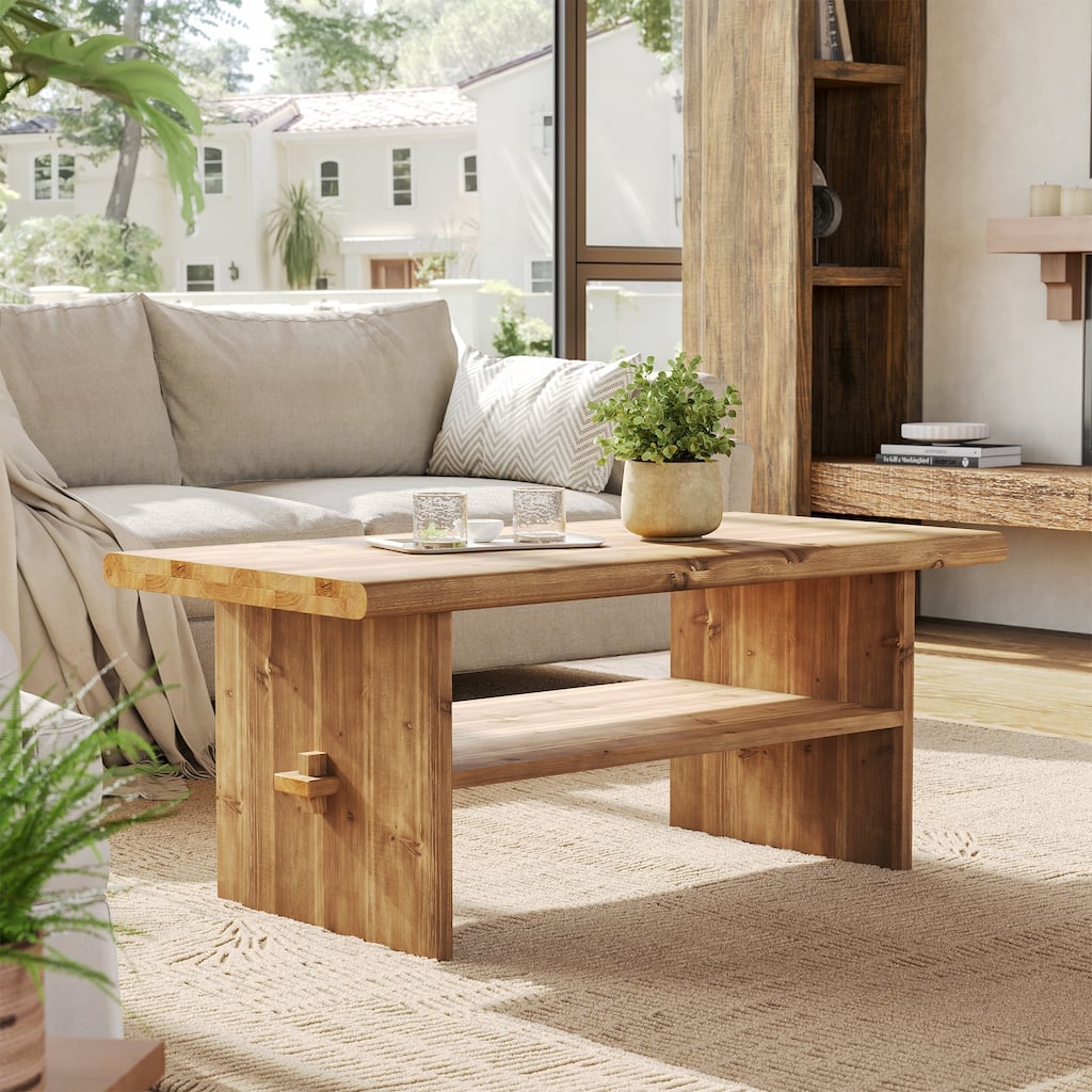 47-Inch Solid Wood Coffee Table for Living Room, 2-Tier Rectangular Center Table