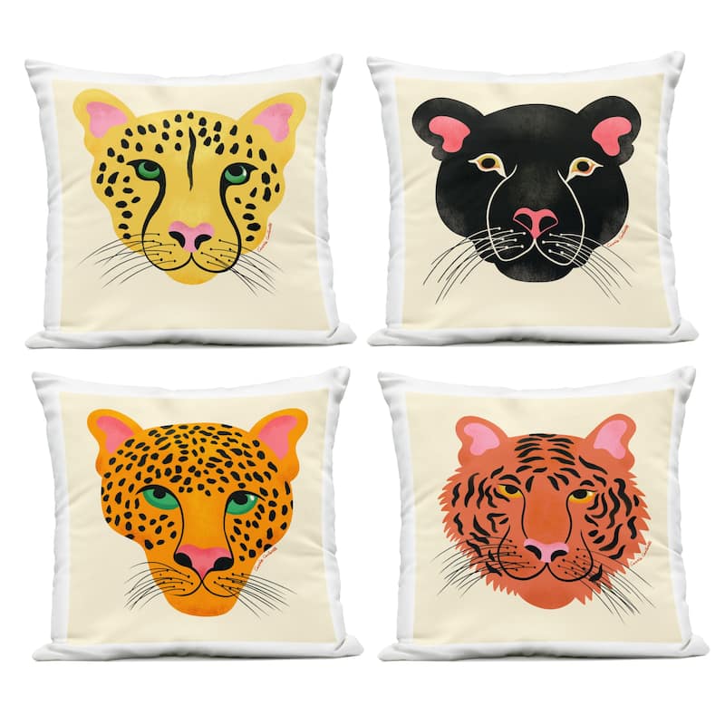 Stupell Modern Jungle Wildlife Faces Printed Outdoor Throw Pillow Design by Carrie Cantwell (Set of 4) - Pillow Sets - Polyester - Multi-Color - Set of 3 or More