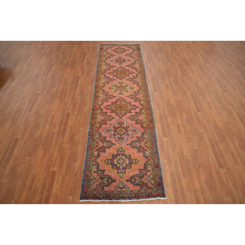 Hand Knotted Oriental 100% Wool Carpet Traditional Geometric Pink Tabriz Runner Rug - 12' 4'' X 3' 4''