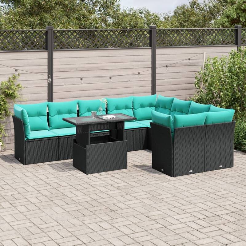 vidaXL 10 Piece Patio Sofa Set with Cushions Black/Brown/Gray Poly Rattan - 24.4 x 24.4 x 27.2 - Black