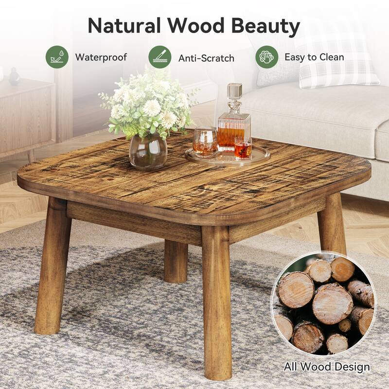 31.5-Inch Solid Wood Square Coffee Table with Rounded Corners