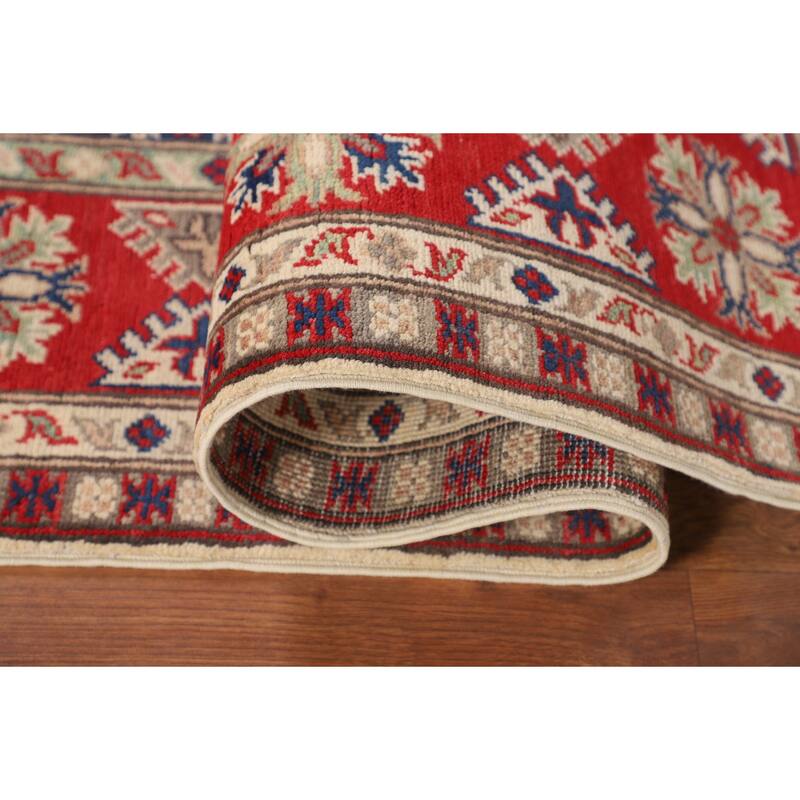 Kazak Oriental Area Rug Hand-Knotted Beige Geometric Wool Carpet - 5'1" x 6'7"