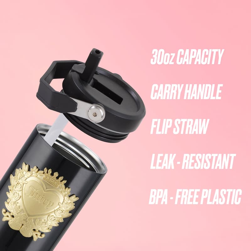 Juicy Couture Flip Flow Hydration Stainless Steel Screw Top Tumbler with Flip Straw and Carry Handle