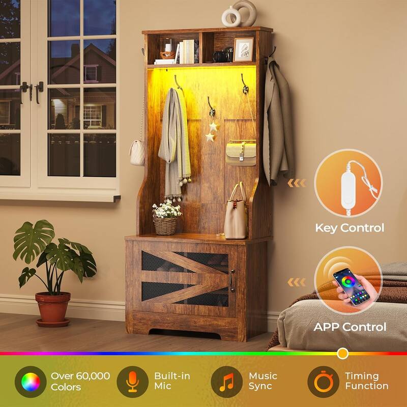 Hall Tree w/ Bench Shoe Storage Shoe Cubby Barn Door Adjustable Shelf