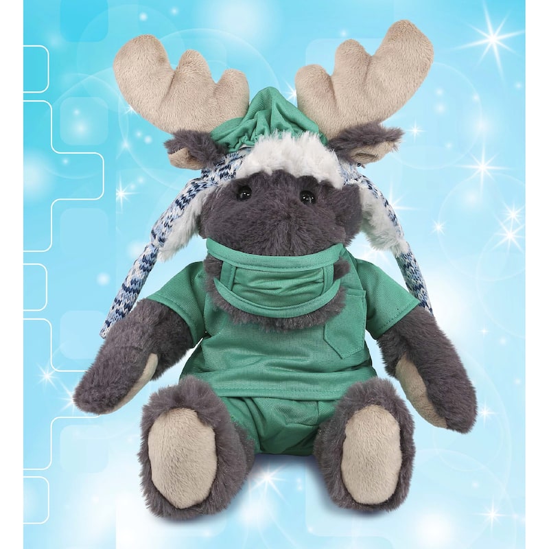 DolliBu Grey Moose Doctor Plush with Cute Scrub Uniform and Cap Outfit - 15 inches