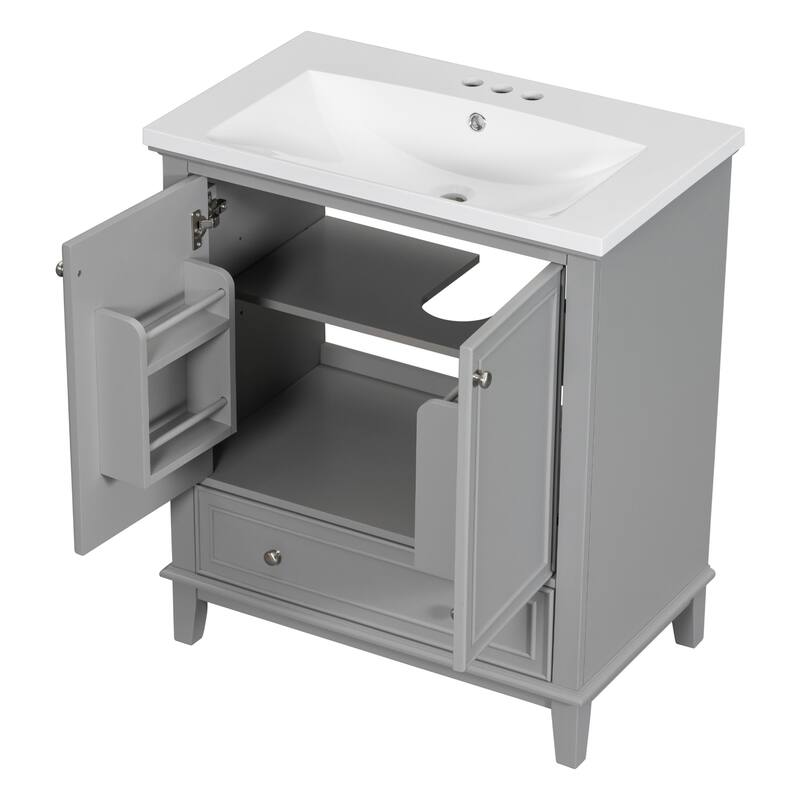 34.8" Tall Solid Wood with MDF 2-Door Freestanding in Grey with Ceramic Basin - 30"x18"