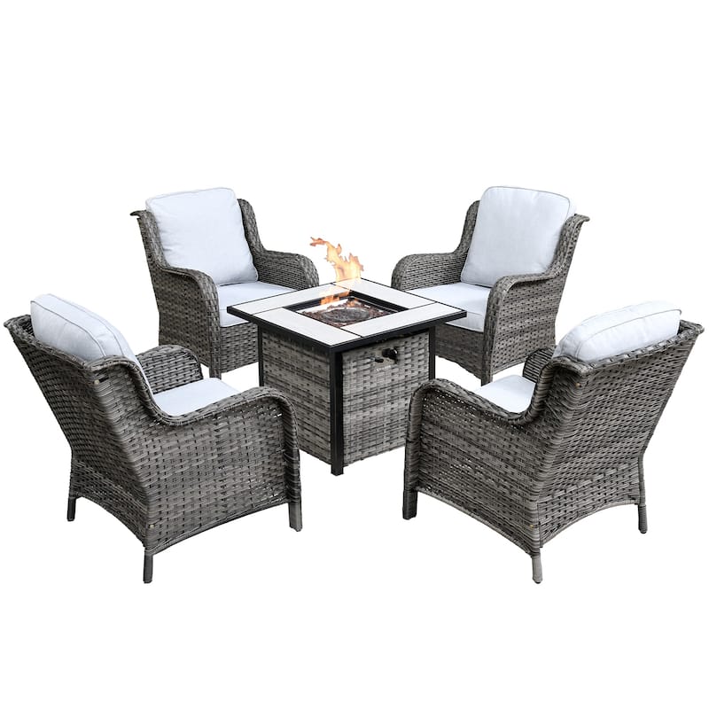 OVIOS 5-piece Patio Wicker Chairs Set with 30" Fire Table