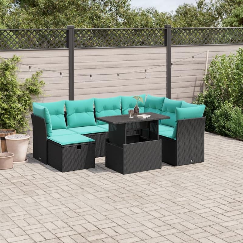 vidaXL Patio Sofa Set with Cushions and Table Outdoor Garden 8 Piece Poly Rattan - 24.4" x 24.4" x 27.2" - Black