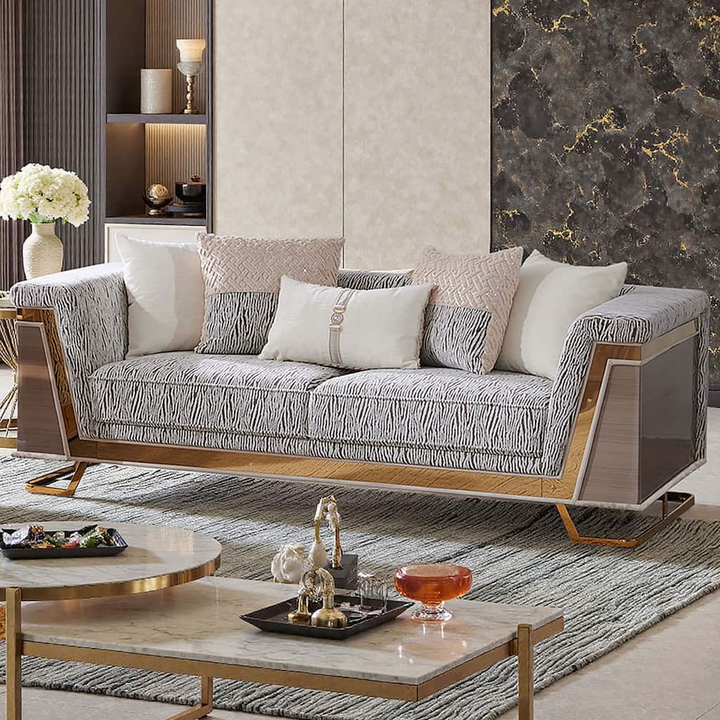 Furniture of America Idria Glam Gold Wood Animal Print Sofa with Accent Pillows
