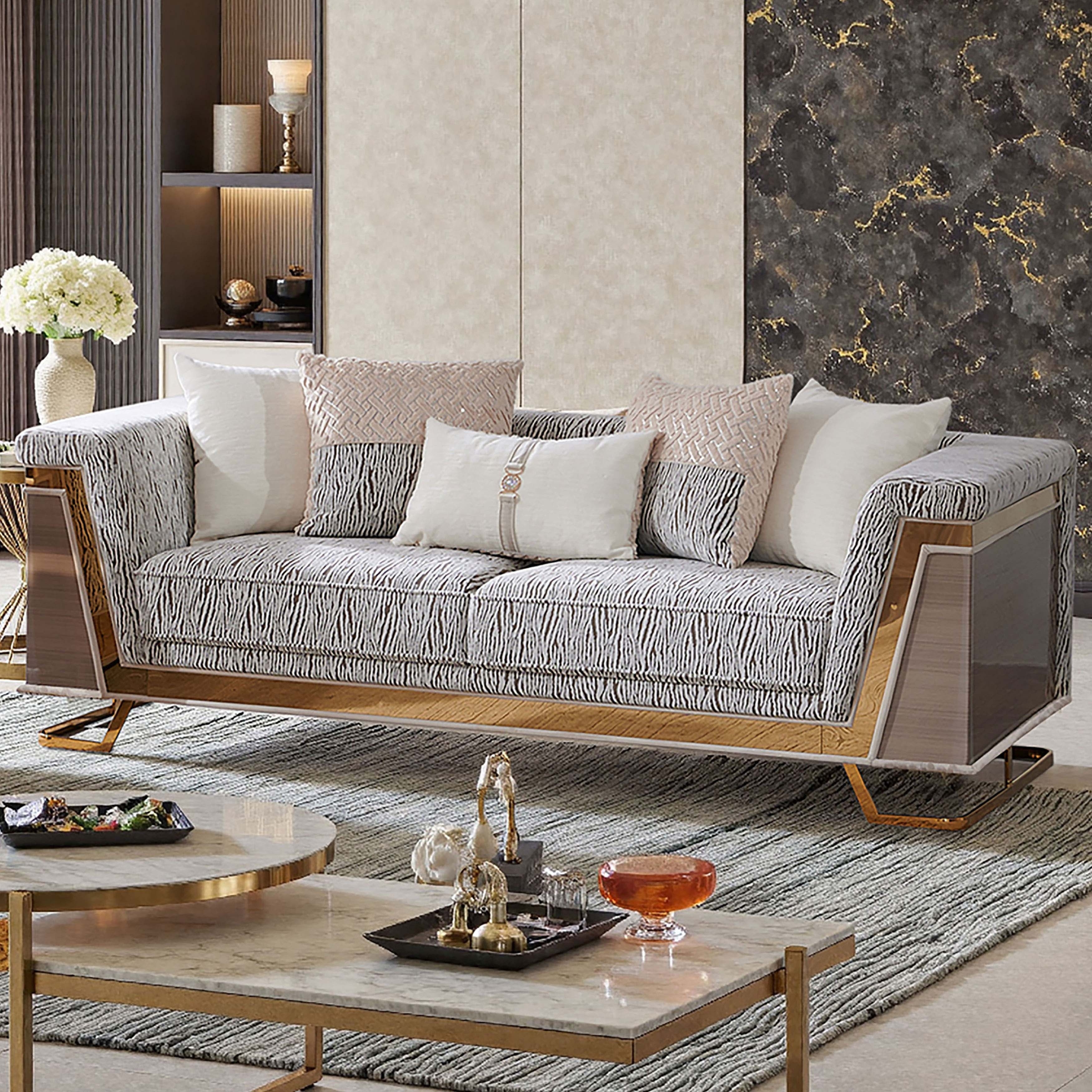 Furniture of America Idria Glam Gold Wood Animal Print Sofa with Accent Pillows