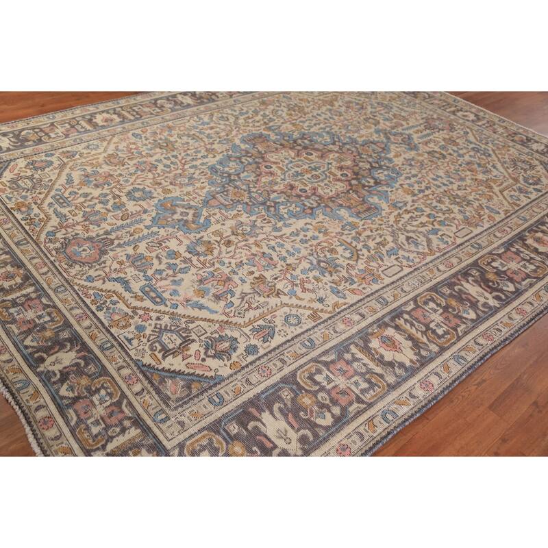 Geometric Tabriz Persian Rug Handmade Beige Oriental Wool Carpet - 8'4"x 11'0"