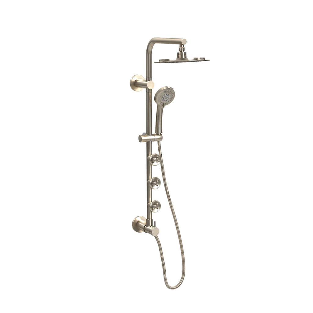 Lanai 8-in Rain Showerhead with 3-Body Jets Pivoting Shower Arm and Multi-function Handshower Brushed Nickel 1.8 GPM