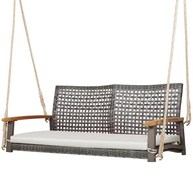 2 Person Patio Porch Swing Chair Outdoor Rattan Swing Bench - White