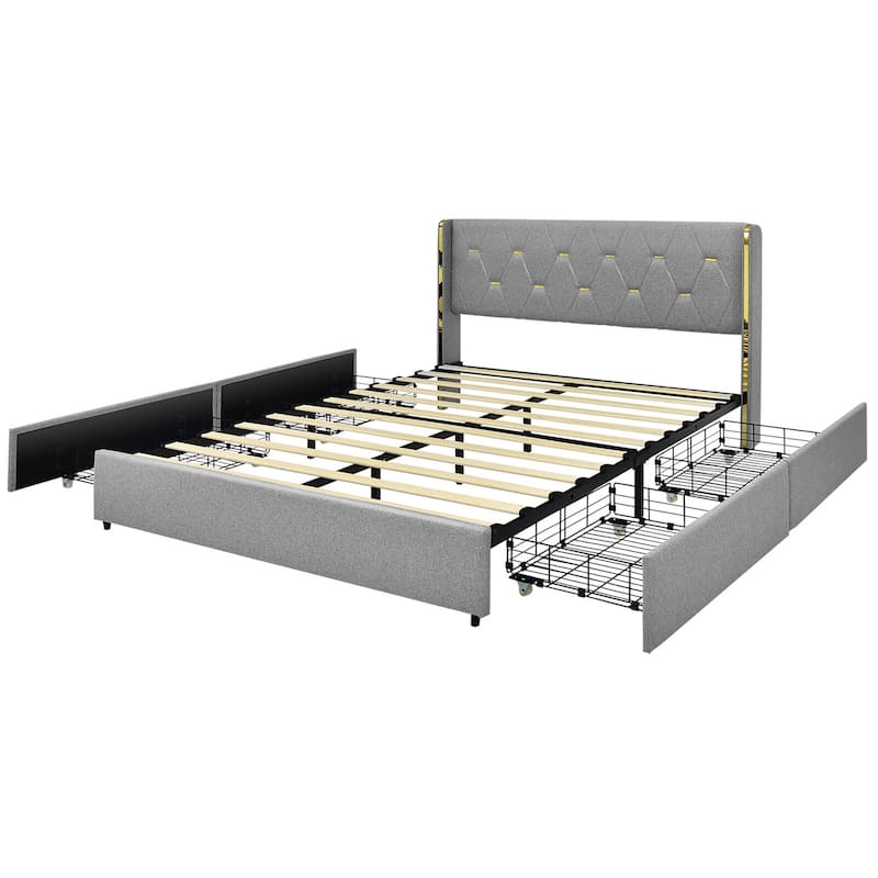 Full/Queen Upholstered Bed Frame with 4 Storage Drawers Headboard Bed