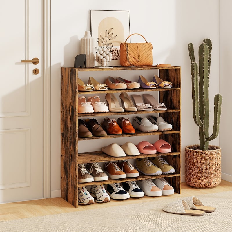 Engineered Wood 6-Tier Stackable Shoe Rack with Top Storage - 31" x 12" x 36" (L x W x H) - Rustic Brown