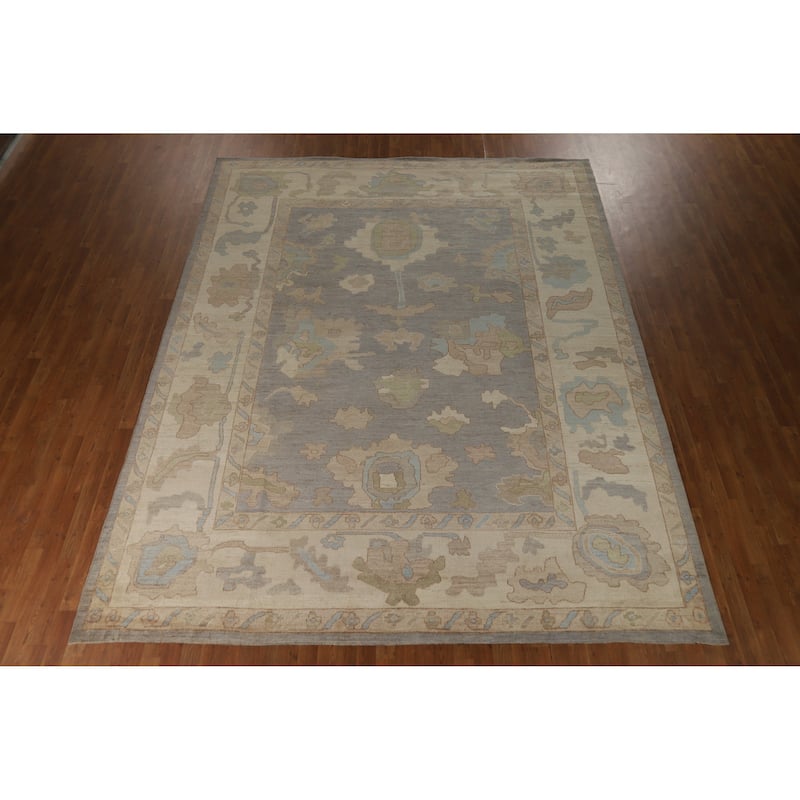 Hand Knotted Oriental 100% Wool Carpet Transitional All-Over Greys & Charcoal Oushak Area Rug - 12' 2'' X 9' 5''