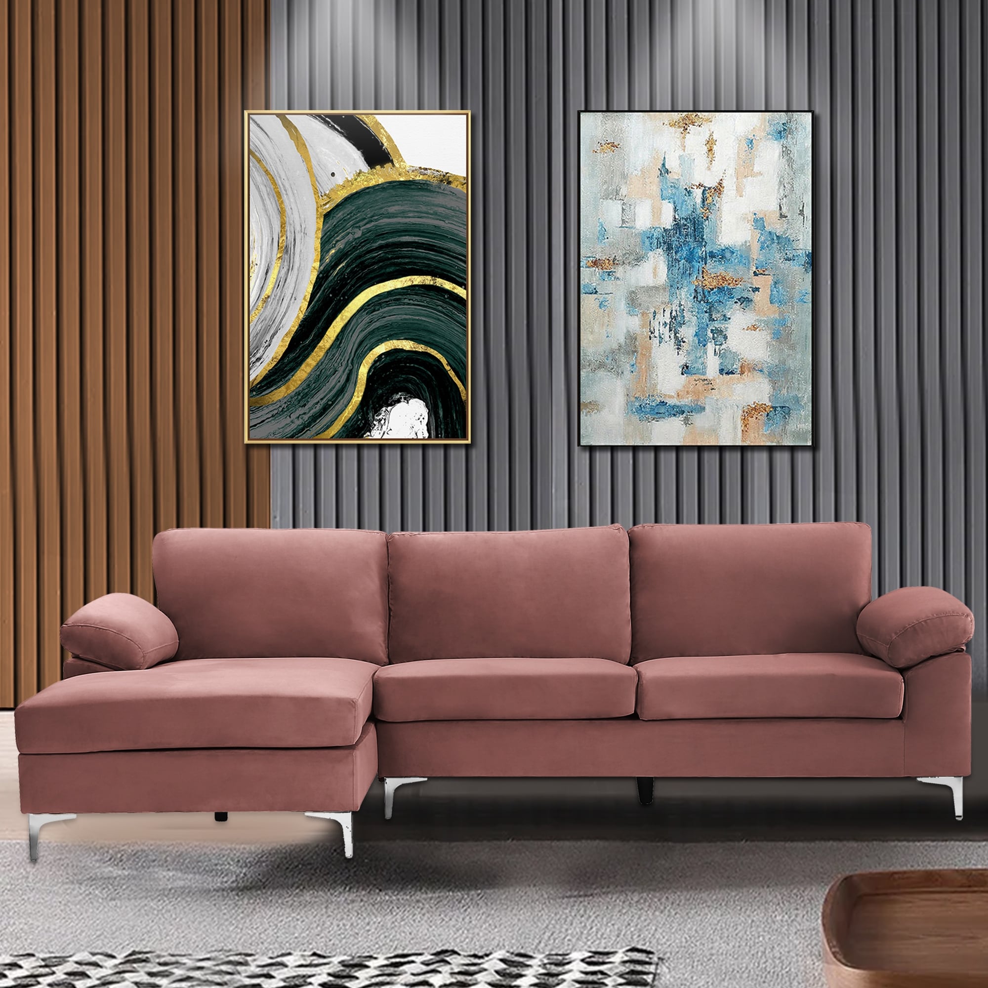 Pink velvet l shaped sofa Clearance