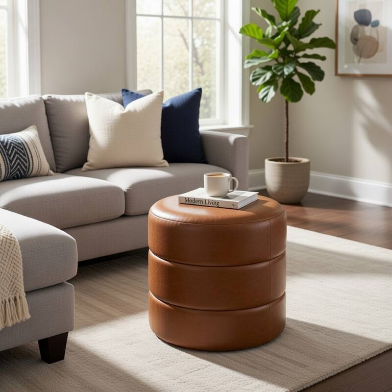 Sem Round Accent Ottoman, Brown Channel Tufted Faux Leather 18 Inch