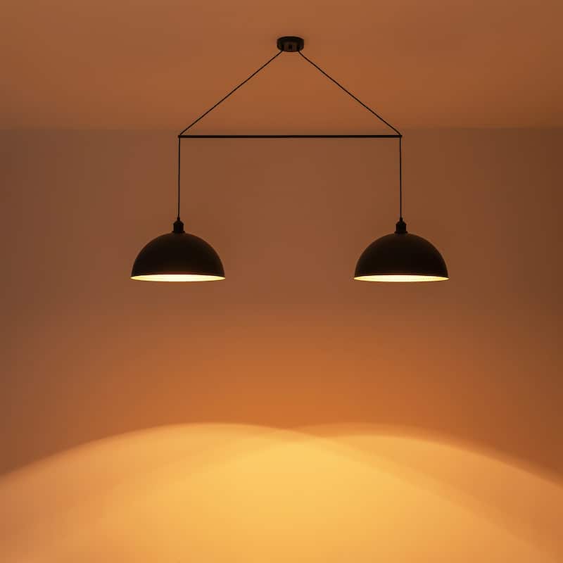 2-Light Modern Industrial Matte Black Linear Dome Hammered Large Pendant Light for Kitchen Island - 54.3 in. W x 11.4 in. H