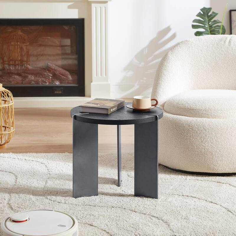 Round Coffee Table with Walnut Wood Surface and Black Metal Feet