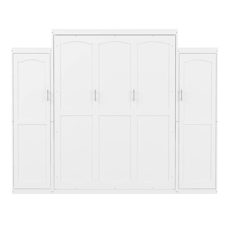 Full Size and Queen Size Murphy Bed, Wooden Queen Wall Bed with 2 Wardrobe and Storage Shelf