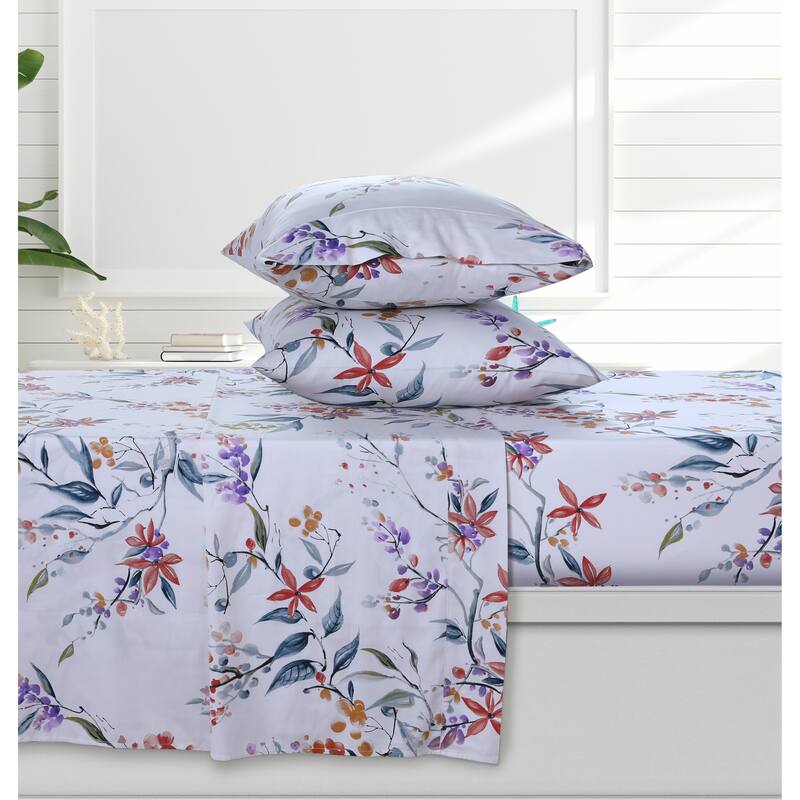 Azores Home Organic Cotton Sateen 300 Thread Count Deep Pocket Sheet Set - Estella Multicolor - Twin