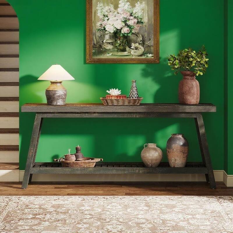 Grey-Natural Engineered Wood 2-Tier Console Table with Farmhouse Style - 70.86” L x 11.81 W x 31.49 H