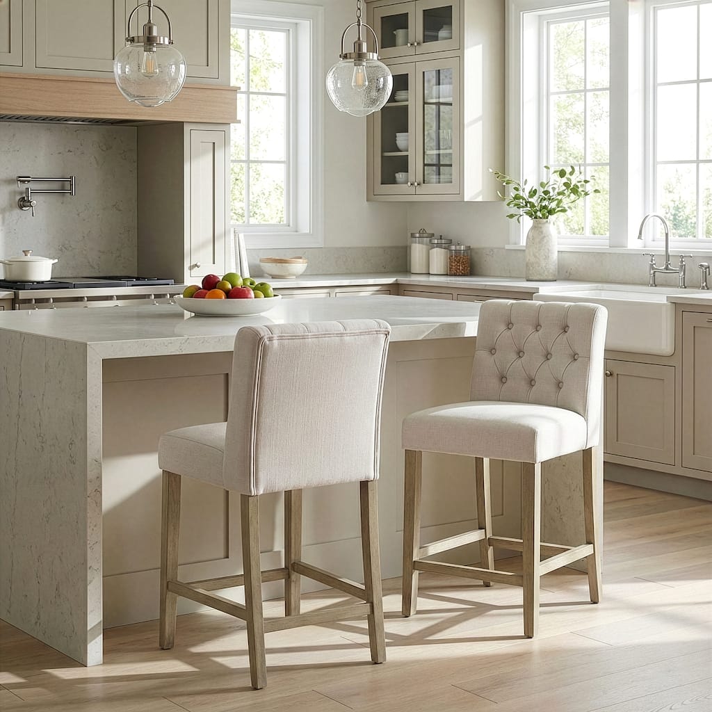 Set of 2 Aled Beige Fabric Counter Stool with Wings and Tufted Buttons