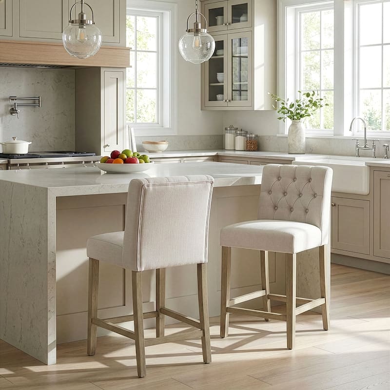 Set of 2 Aled Beige Fabric Counter Stool with Wings and Tufted Buttons