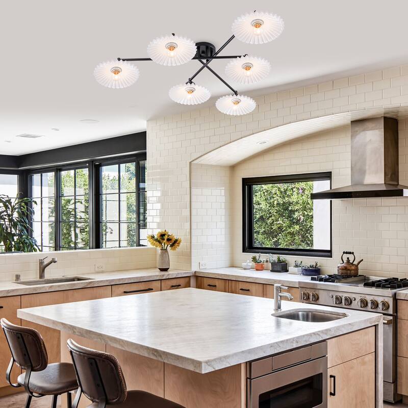 6-Light Matte Black Branch Flush Mount Ceiling Light with White Glass Shades - Dia.40.16-in