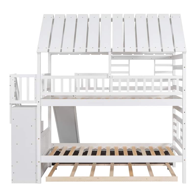 Merax Twin over Twin House Bunk Bed with Trundle and Slide