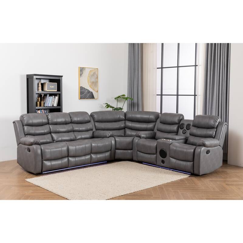 Donivi LED Faux Leather Reclining Sectional With Speakers - Grey