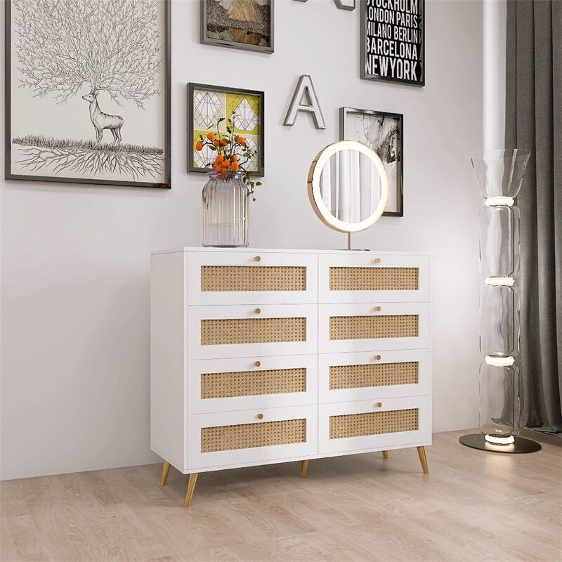 8 Drawers Chest with Rattan Drawer Face Golden Legs and Handles