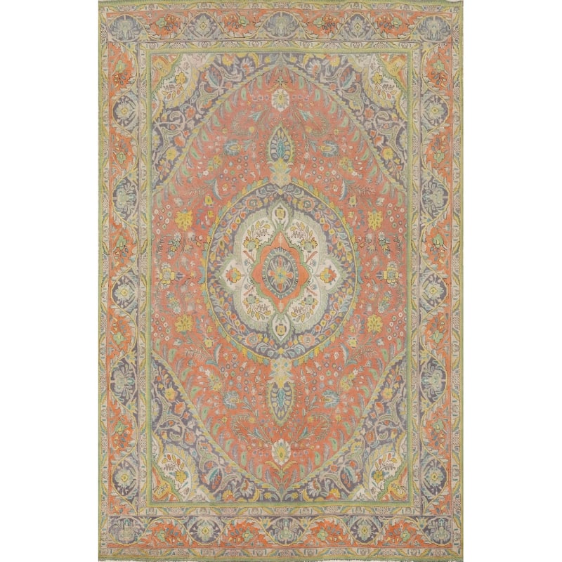 Hand Knotted Oriental 100% Wool Carpet Traditional Floral Oranges & Rust Tabriz Area Rug - 9' 5'' X 6' 5''
