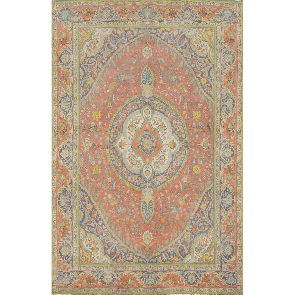 Hand Knotted Oriental 100% Wool Carpet Traditional Floral Oranges & Rust Tabriz Area Rug - 9' 5'' X 6' 5''