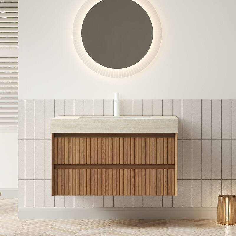 36" Bathroom Vanity&Sink, Floating Striped Plywood Storage Cabinet with 2 Drawers, Travertine-Pattern Sintered Stone Top - Beige,Espresso