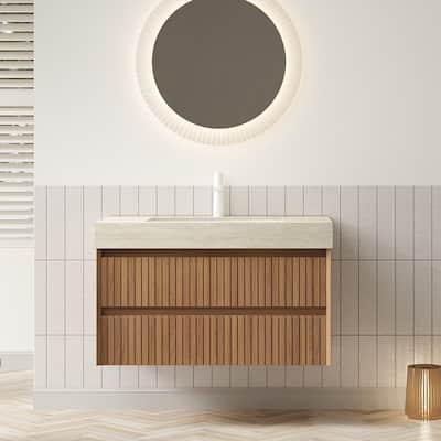 36" Bathroom Vanity&Sink,Plywood Storage Cabinet with 2 Drawers,Stone Top with Ceramic Undermount Basin