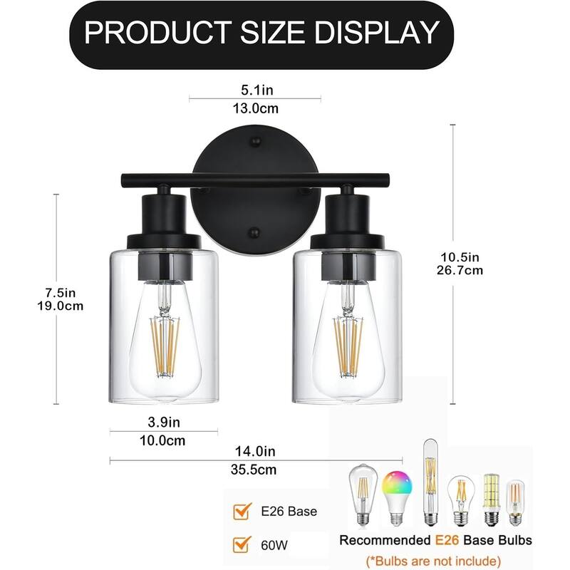 2-Light Bathroom Light Fixtures, Brushed Nickel Modern Vanity Lights Over Mirror with Clear Glass Shade, Bathroom Wall Lamp