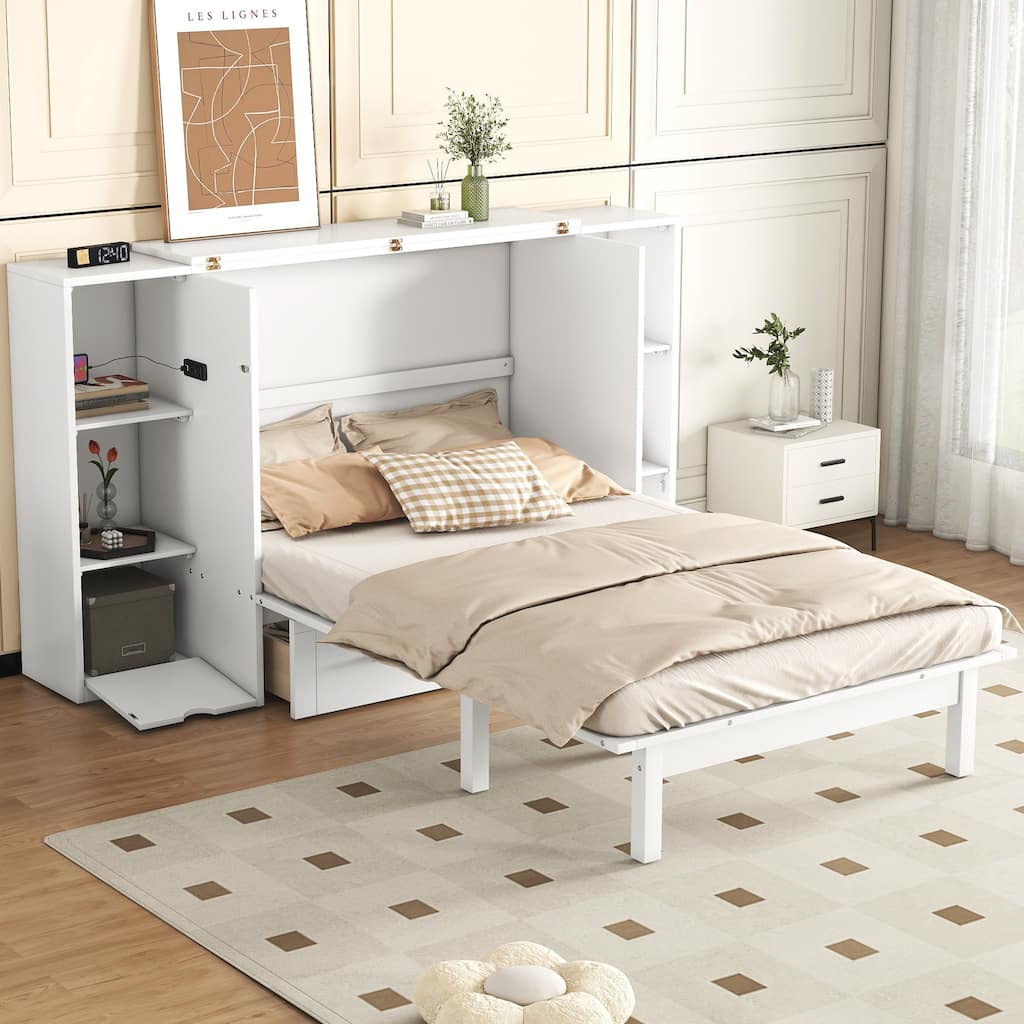 Space-Saving Queen Murphy Bed with Shelves, Drawers & USB Ports in White