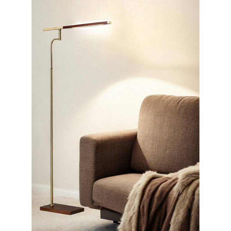Brown Metal LED Task Floor Lamp with Brass Shade and Touch Switch - 24” x 24” x 62.5” (D x W x H)