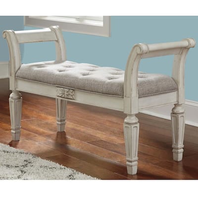 46 Inches Tufted Fabric Padded Wooden Accent Bench, Antique White