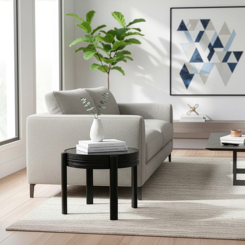 Anika Black Round Side Table with Tempered Glass Top