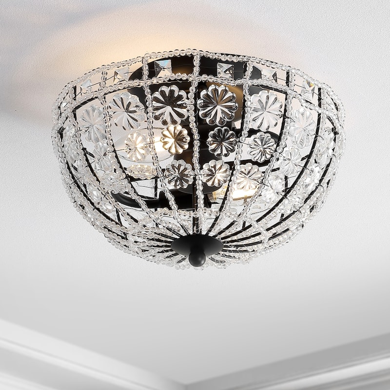 Leila 12" Crystal Flower Metal/Acrylic LED Semi-Flush Mount, Black/Clear by JONATHAN Y