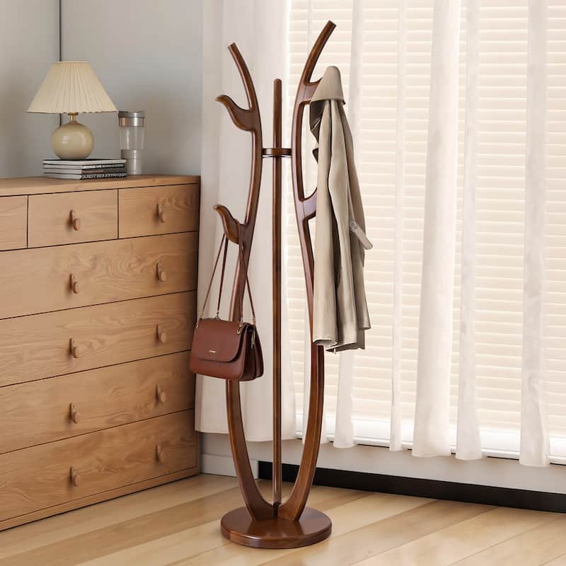 S-shaped Creative Freestanding Coat Rack Solid Wood Coat Tree with Hooks - 74.8"H x 16.5"Dia (base)